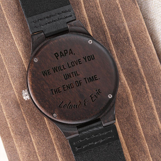back side of wooden watch dispalyed with customized engraving