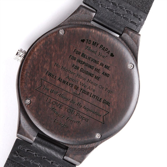 back engraved face of wooden watch