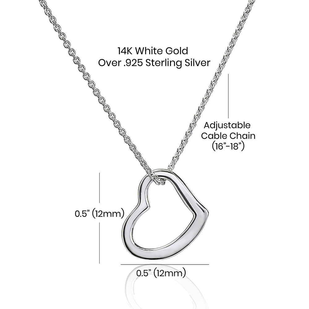 delicate heart necklace displayed with descriptions of size and composition