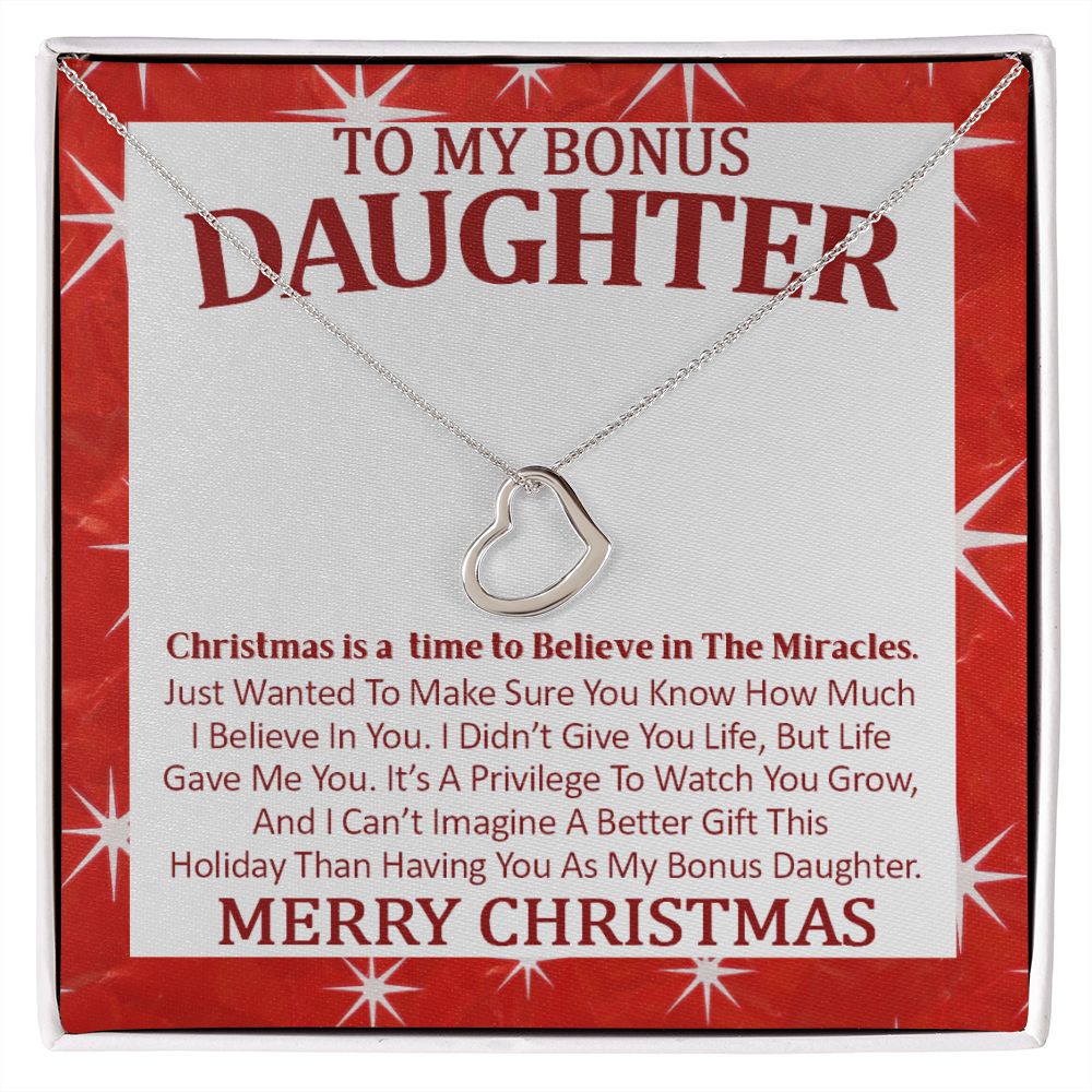 delicate heart necklace diplayed on christmas message to bonus daughter