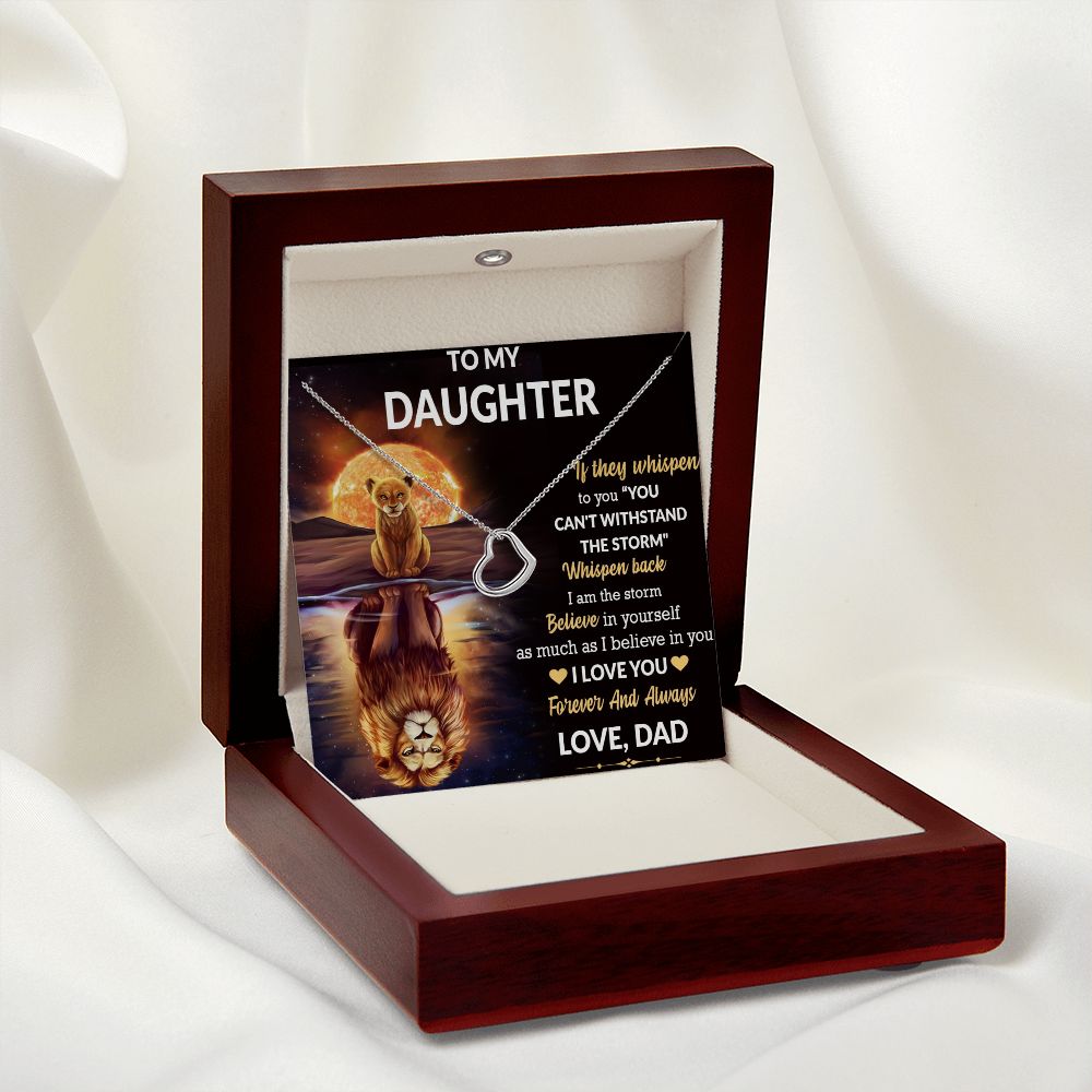 Necklace and message card displayed standing verticle within the led lit mahogany jewelry box